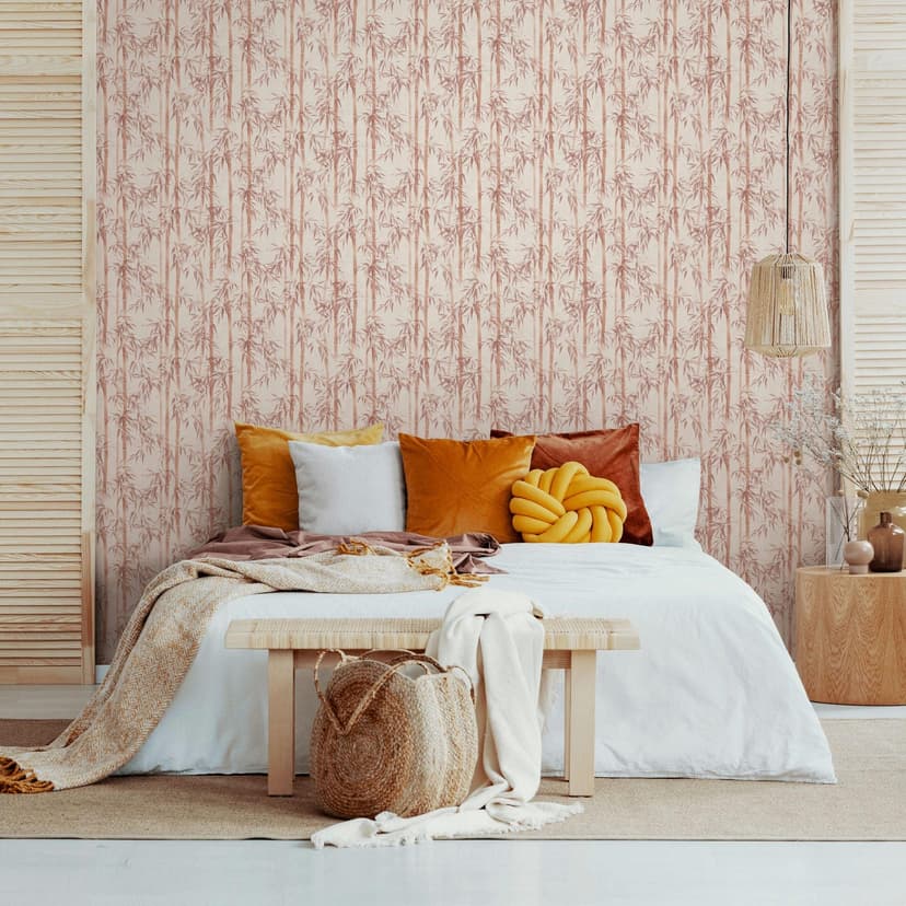 Carta da parati in tessuto non tessuto beige, arancione, foglie di bambù, natura floreale