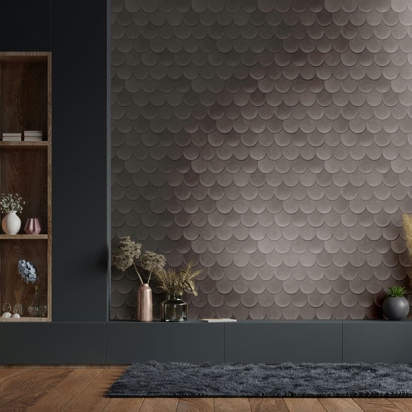 Carta da parati in tessuto non tessuto di colore grigio con aspetto 3D, squame vintage con aspetto geometrico