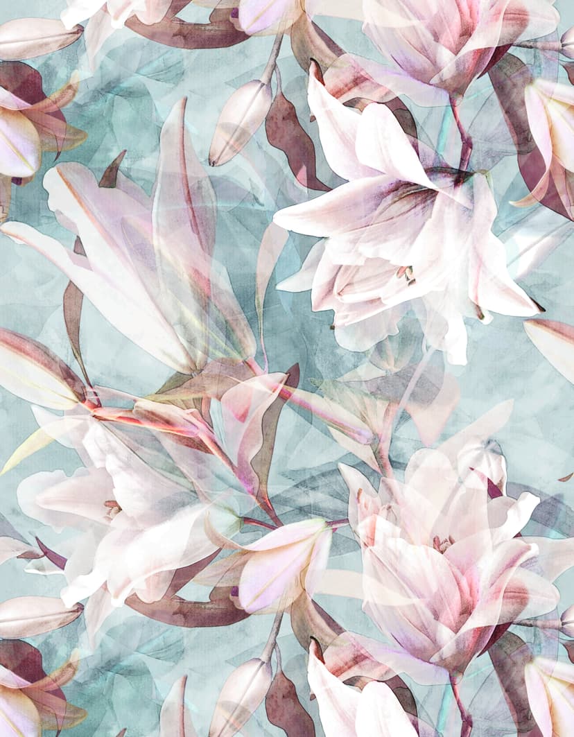 Fotomurale Delicati fiori ad acquerello in pastello su sfondo blu chiaro con messa a fuoco morbida 3,4 x 2,65 m