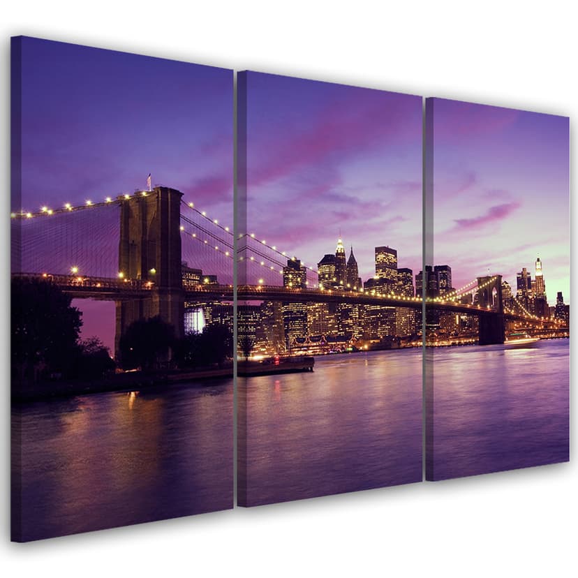 Stampa su tela 3 pezzi, New York Brooklyn Bridge viola