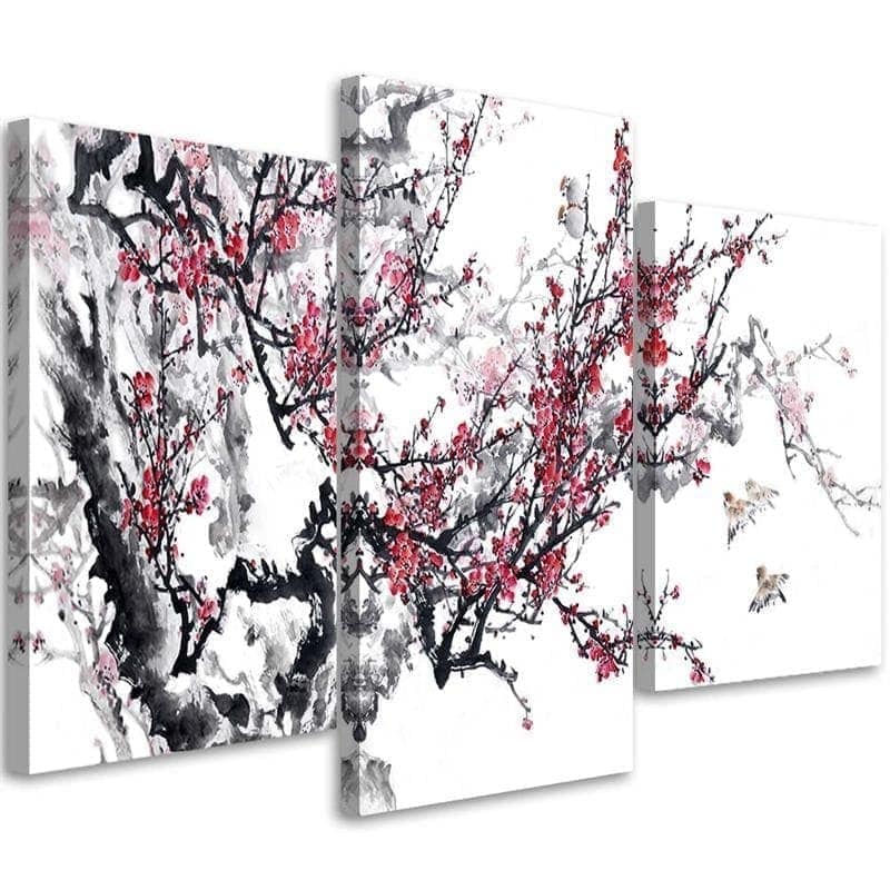 Stampa su tela 3 pezzi, albero del Giappone in fiore di ciliegio