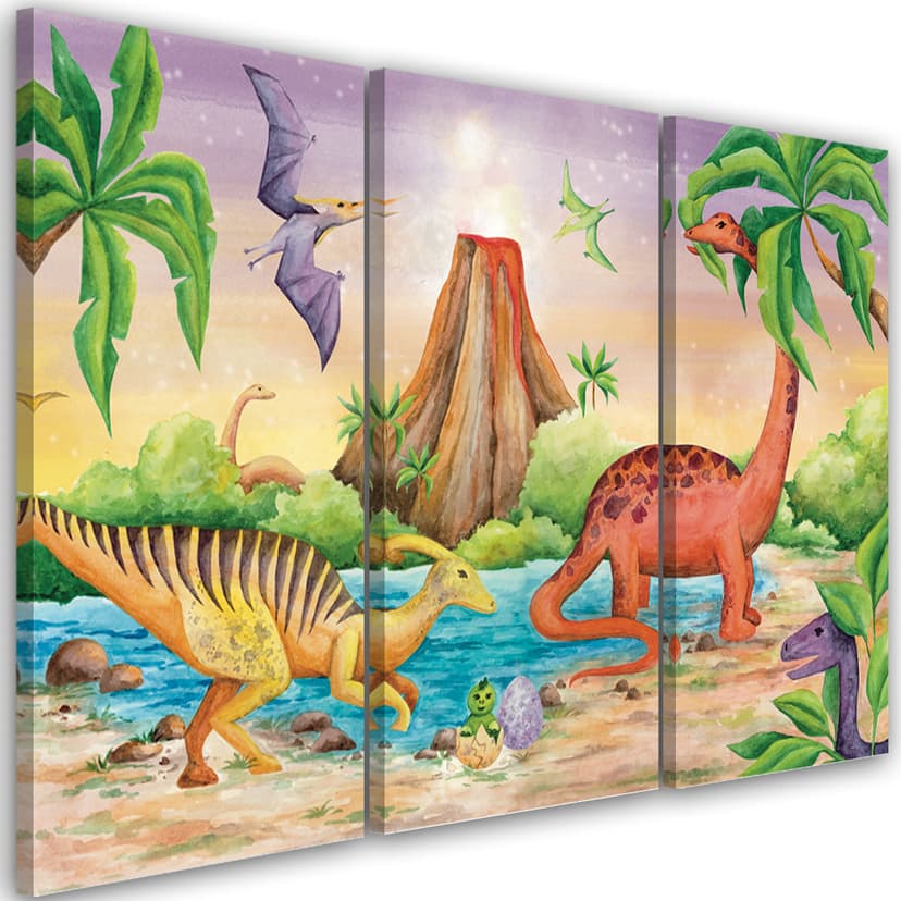 Stampa su tela in 3 pezzi, Dinosauri al lago