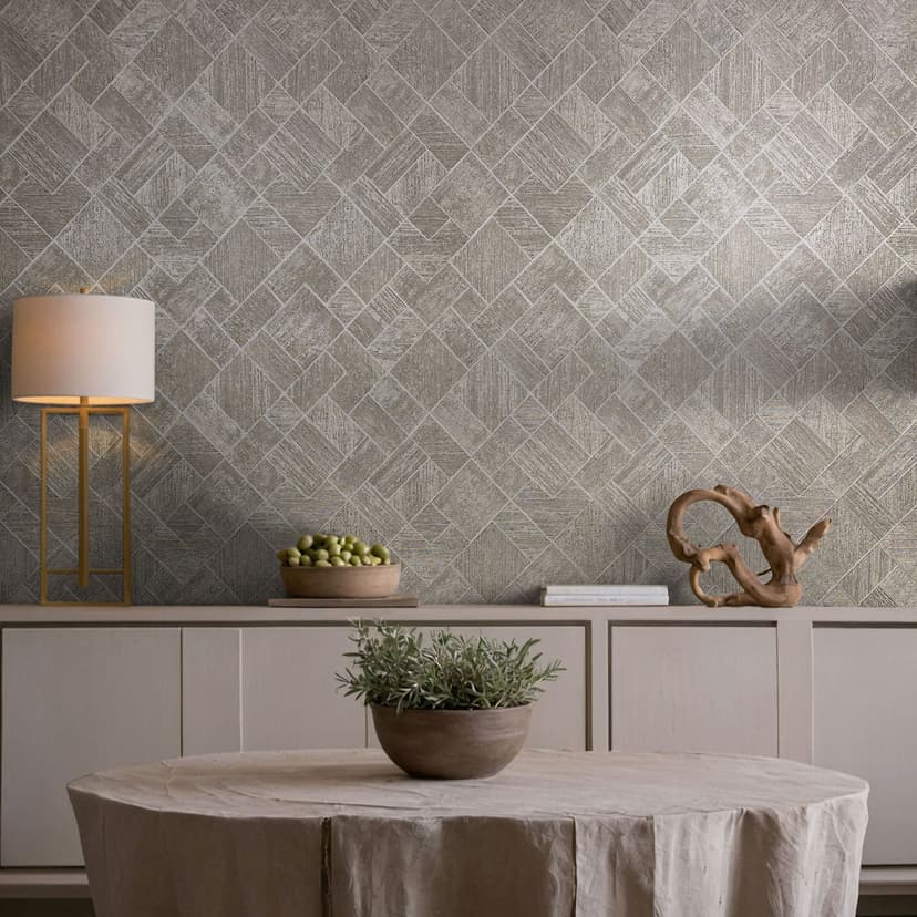 Carta da parati in tessuto non tessuto in grigio, beige a scacchi, rombi e motivi geometrici