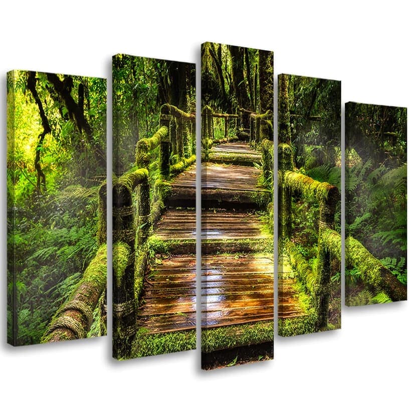 Stampa su tela 5 pezzi Forest Bridge Nature Green