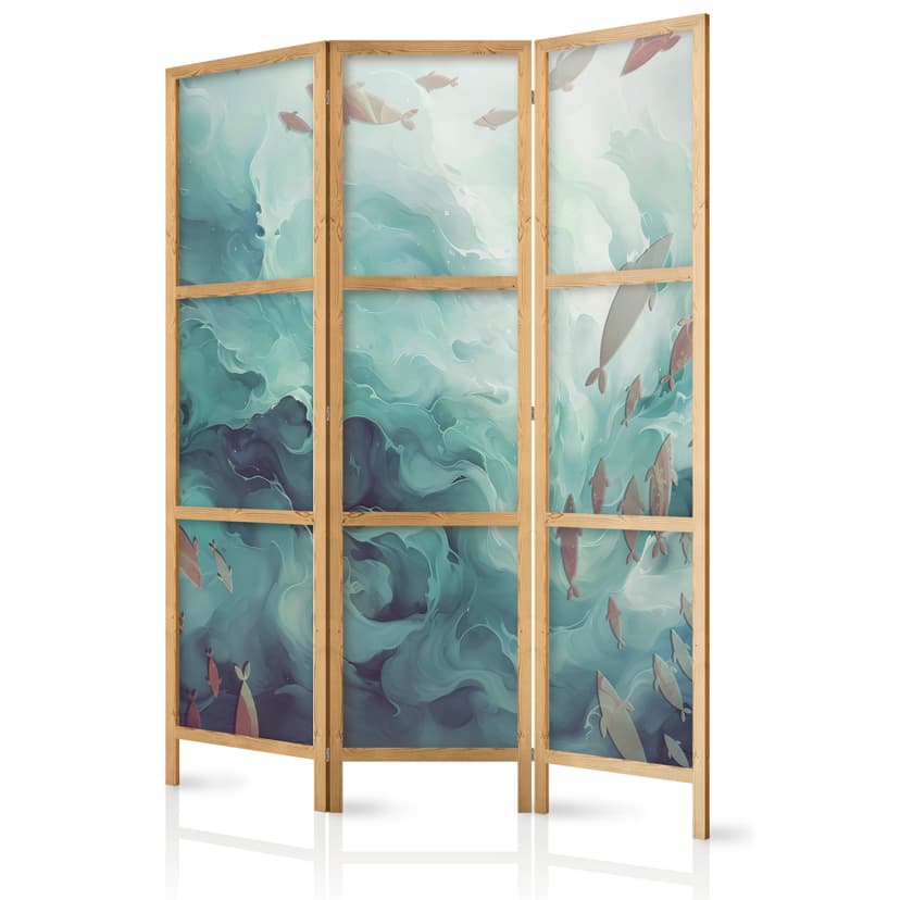 Japanischer Paravent Raumteiler - Fish in Muted Colors: Groups in Oceanic Depths, 3-teilig