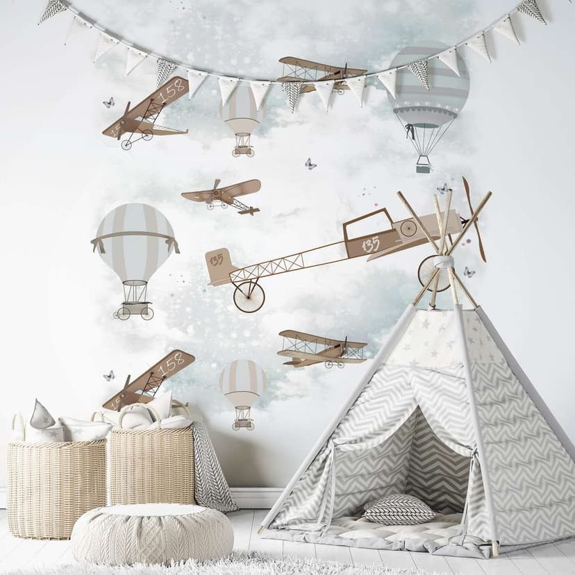 Carta da parati per bambini, carta da parati in tessuto non tessuto con illustrazione Kids Walls bianco, marrone