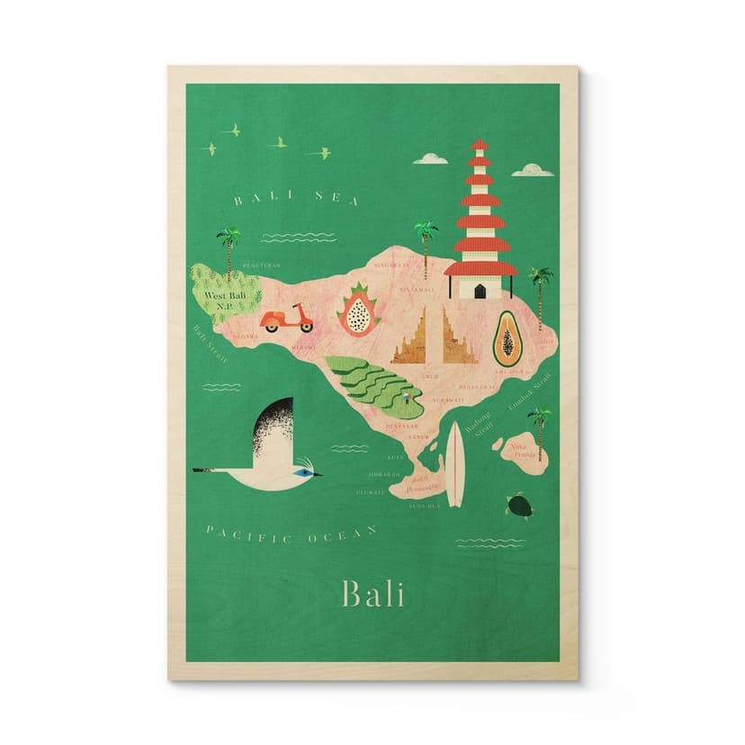 Stampa su legno Mappa di Bali - Rivers