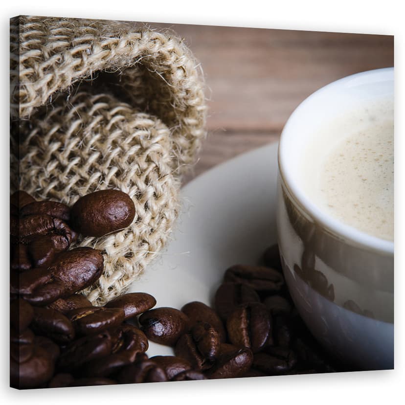 Stampe su tela, chicchi di caffè e tazzina