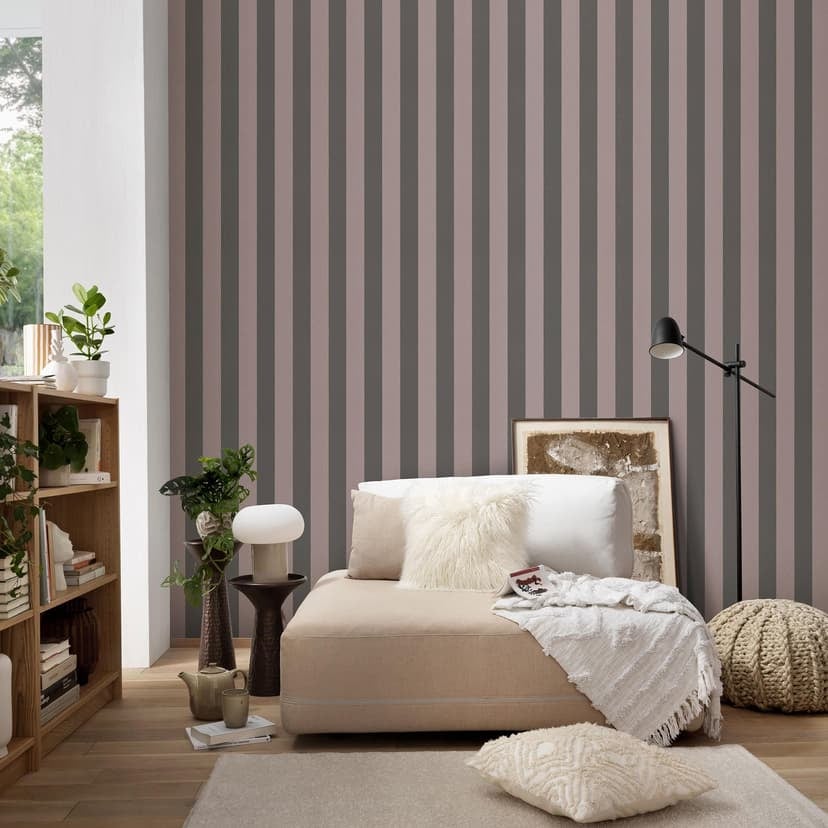 Carta da parati in tessuto non tessuto senza PVC con strisce ed effetto metallizzato in grigio, bronzo