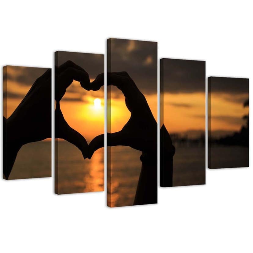 Stampa su tela 5 pezzi Mani in un tramonto a cuore
