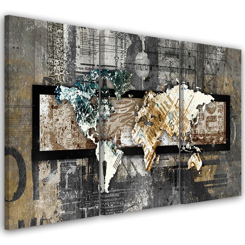 Stampa su tela 3 pezzi, mappa del mondo astratta