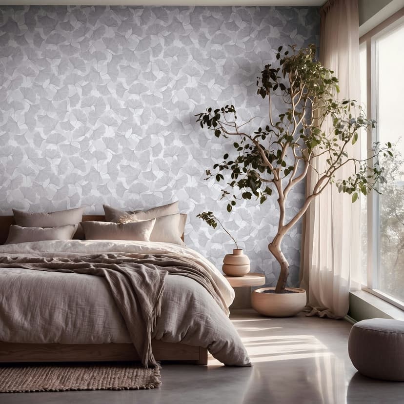 Carta da parati da parati in tessuto non tessuto 3D, natura floreale foglie opaca in grigio