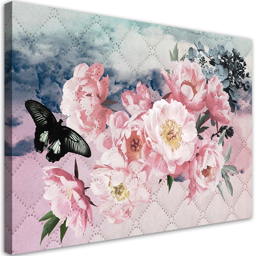 Stampe su tela, Fiori rosa e farfalla