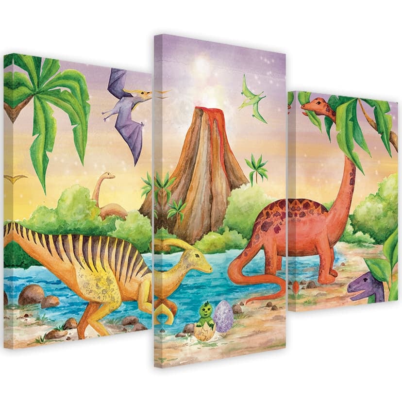 Stampa su tela in 3 pezzi, Dinosauri al lago