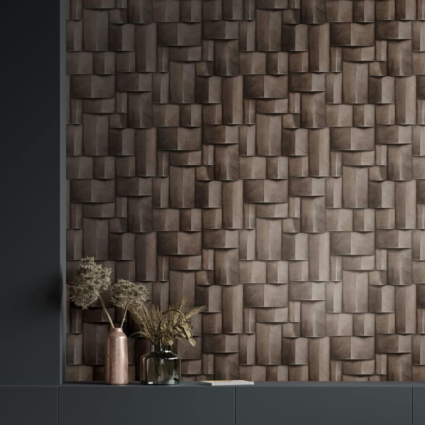 carta da parati in tessuto non tessuto con motivo geometrico in legno grigio, marrone aspetto 3D