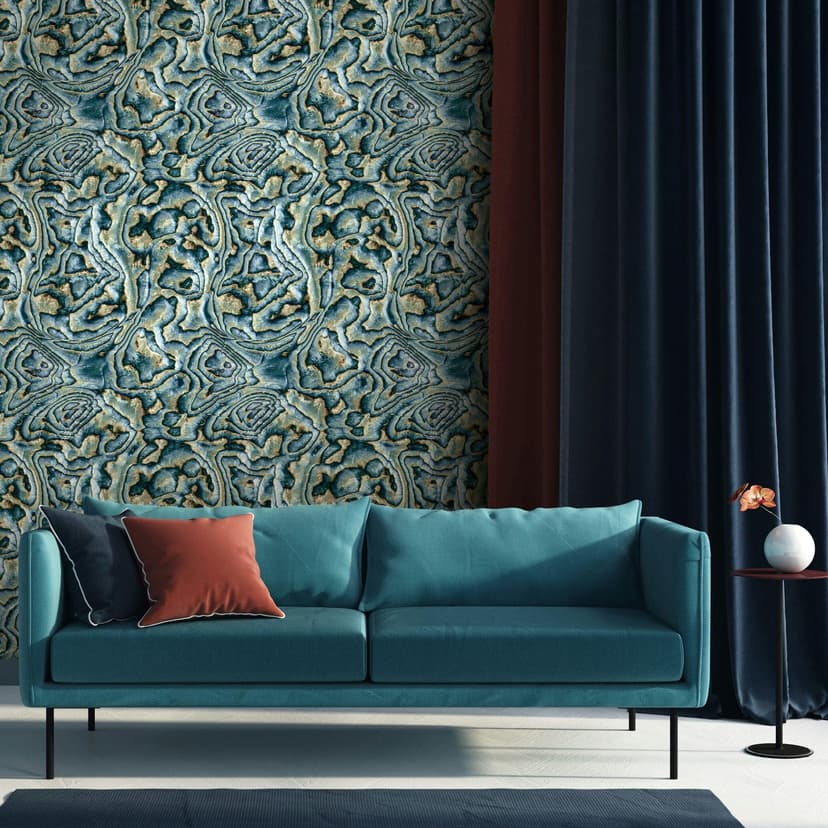 Carta da parati in tessuto non tessuto nei colori blu, verde, beige, marmo, pietra, grafica moderna