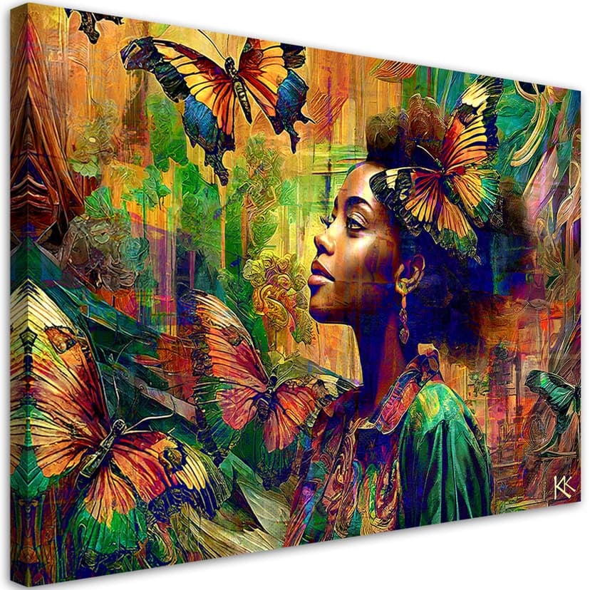 Quadro su tela, Donna farfalle astrazione