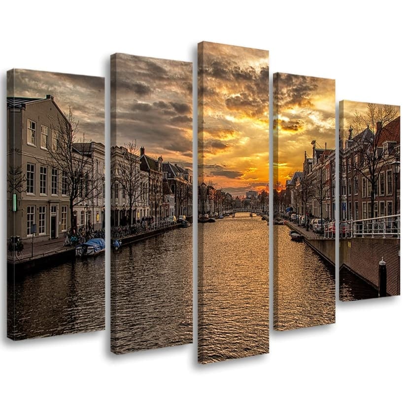 Stampa su tela 5 pezzi, città di case sul canale di Amsterdam
