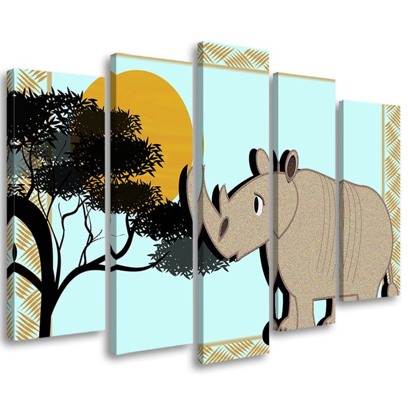 Stampa su tela 5 pezzi, animali rinoceronti
