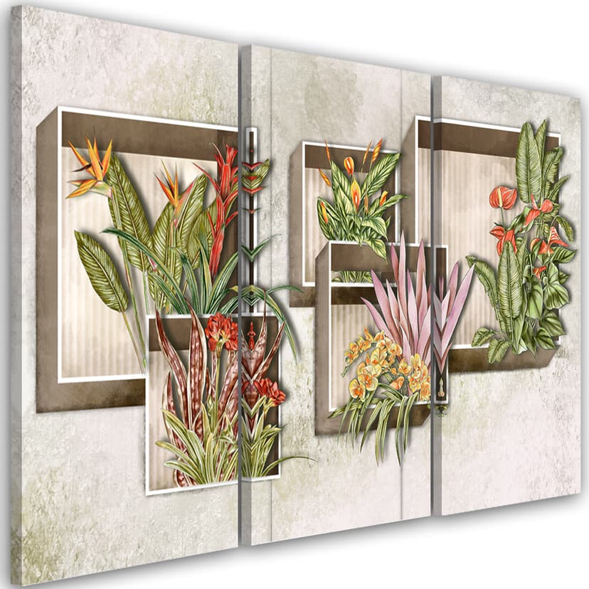 Stampa su tela 3 pezzi, scatole quadrate mensole con fiori