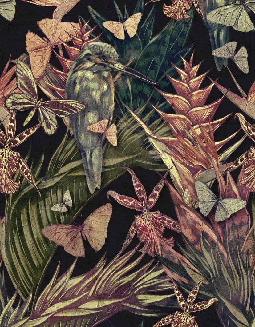 Fotomurale con motivo a airone nella giungla tropicale con farfalle e orchidea 3,4 x 2,65 m