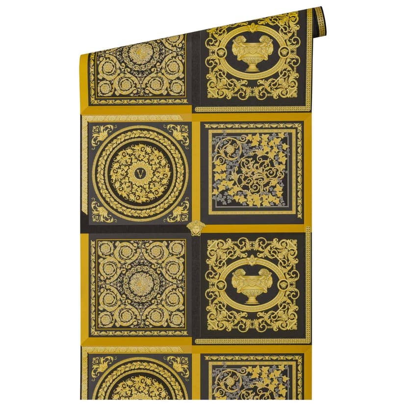 Carta da parati barocca Versace in nero e oro Carta da parati in tessuto non tessuto con motivi floreali e viticci