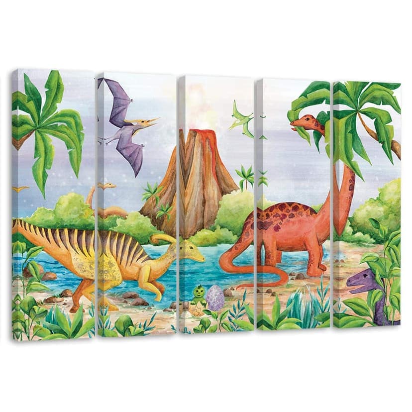 Stampa su tela in 5 parti, Dinosauri al lago