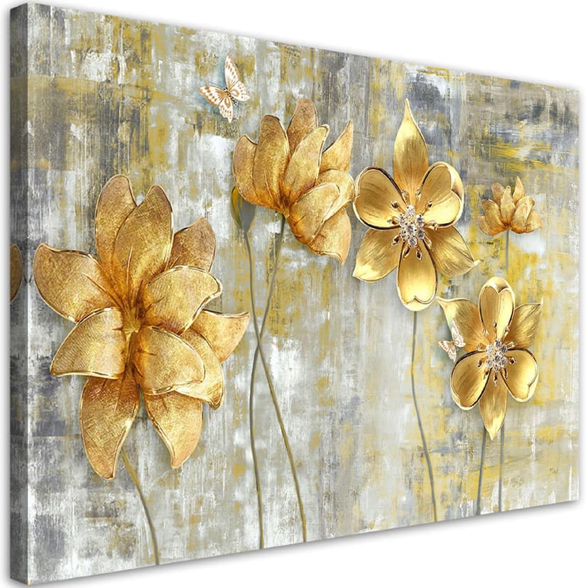 Stampe su tela, fiori d'oro e farfalle
