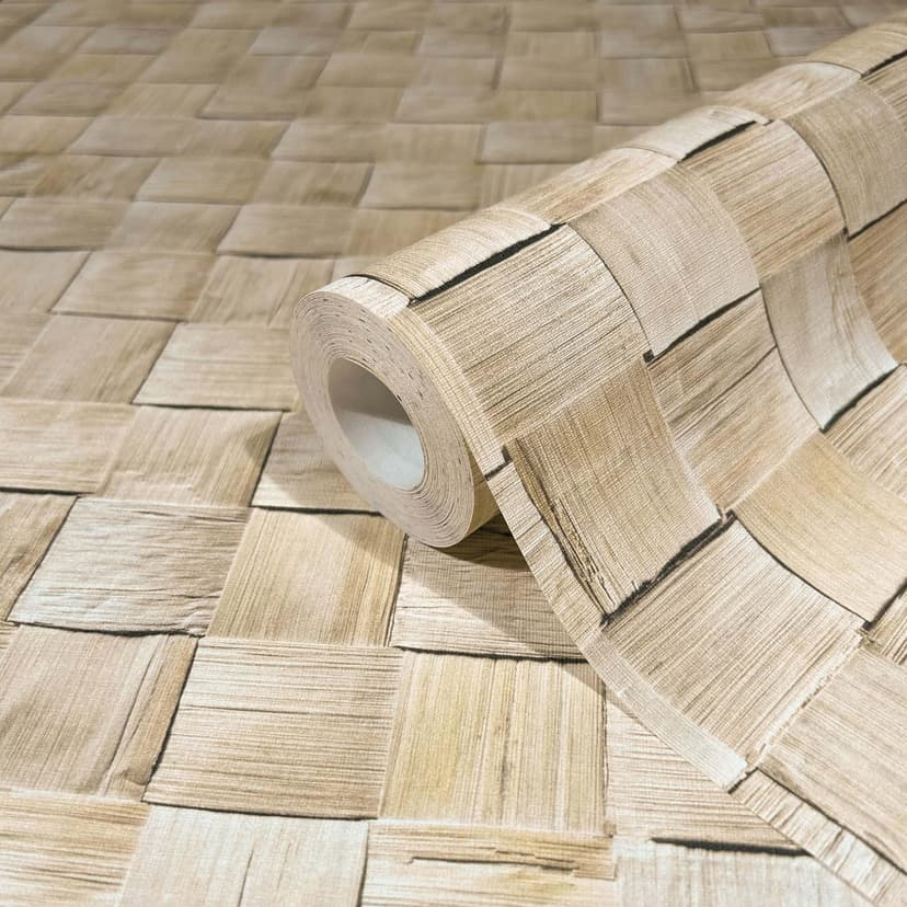 Carta da parati in tessuto non tessuto in 3D effetto legno beige effetto 3D