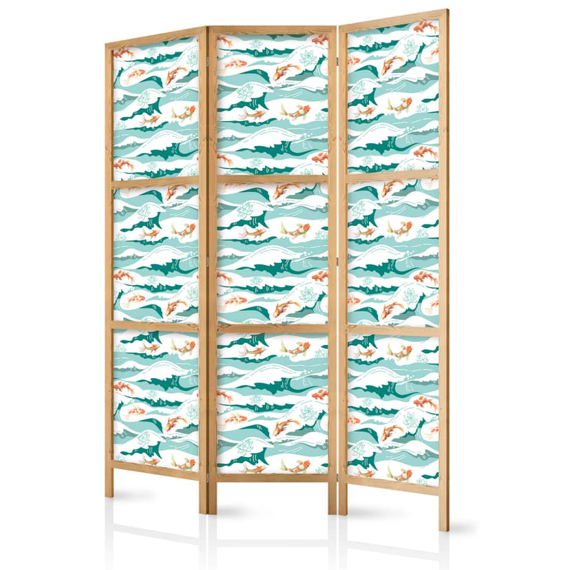 Japanischer Paravent Raumteiler - Fish Jumping Over Waves, 3-teilig