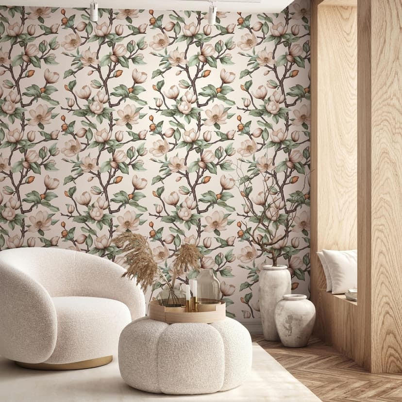 Carta da parati in tessuto non tessuto rami, fiori, natura floreale opaca in beige marrone verde