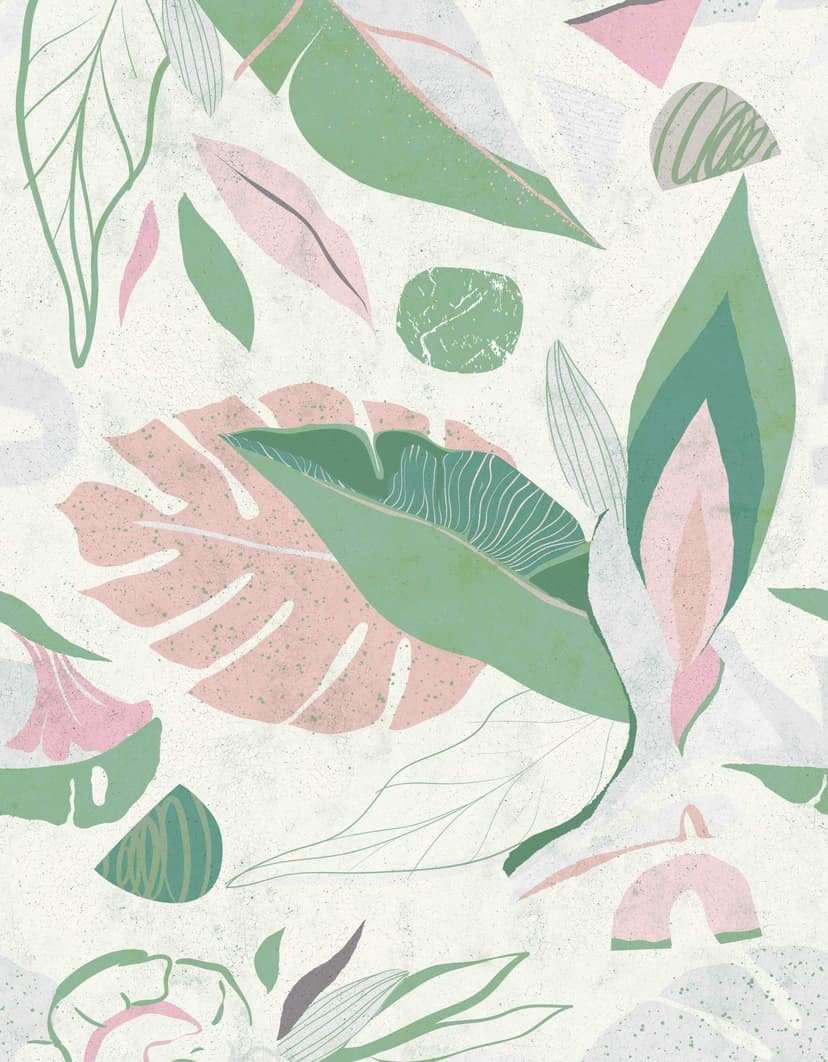 Fotomurale con motivo di foglie astratte in colori pastello; verde salvia e beige 3,4 x 2,65 m