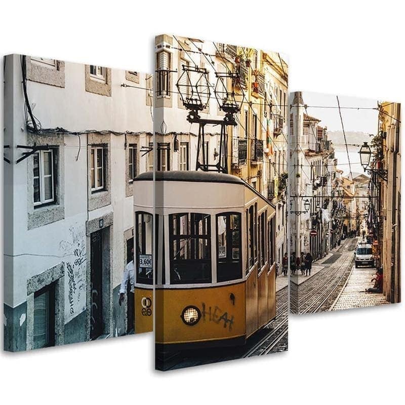 Stampa su tela 3 pezzi, Tram Lisbona città gialla