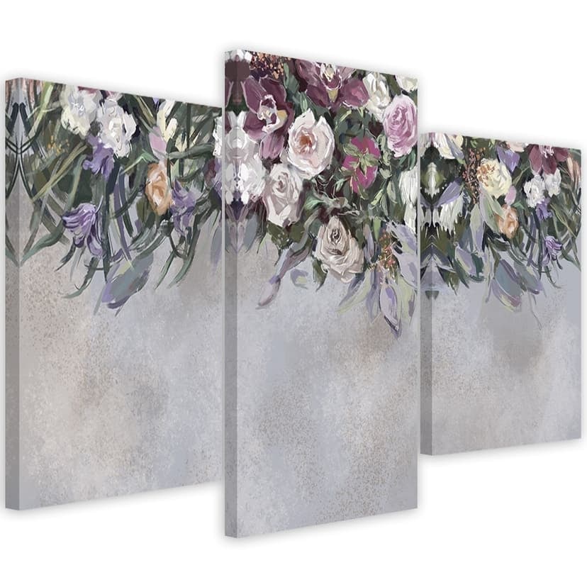 Stampa su tela 3 pezzi, fiori ricoperti di vegetazione