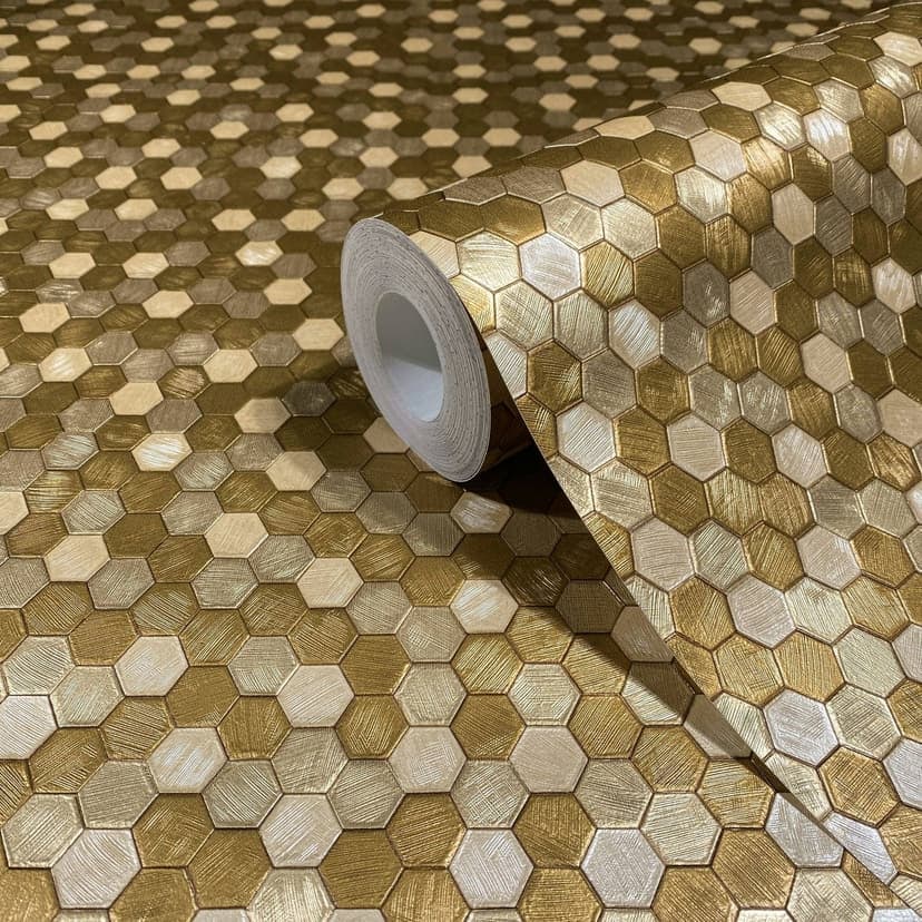 Carta da parati in tessuto non tessuto esagonale, piastrella metallica dall'aspetto moderno, geometrico e lucido in oro
