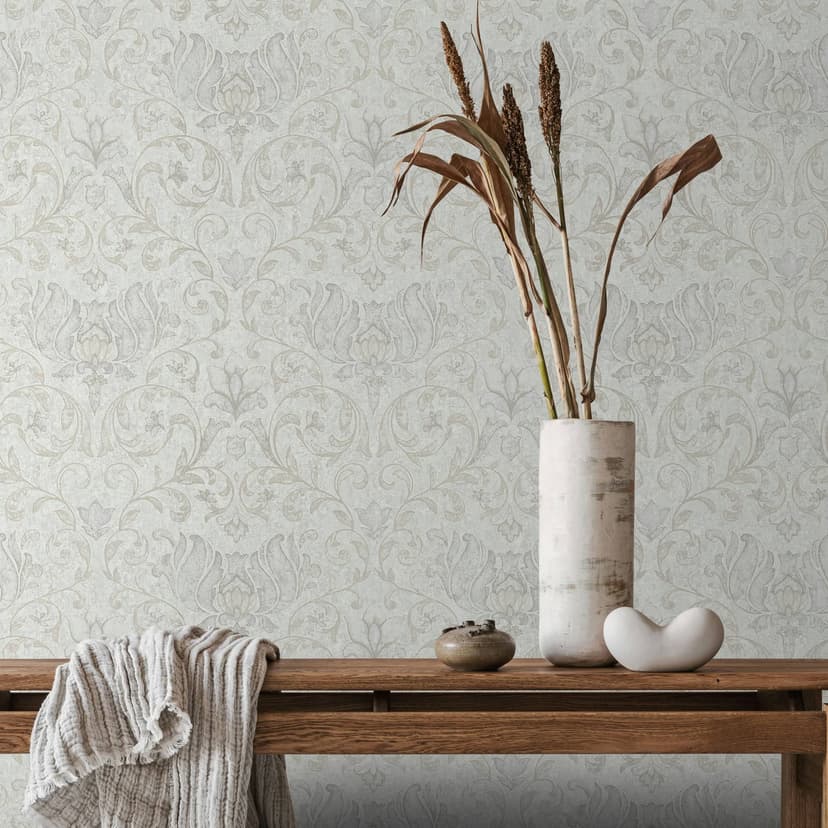 Carta da parati in tessuto non tessuto con fiori, foglie ornamentali bianco lucido, motivi floreali grigi
