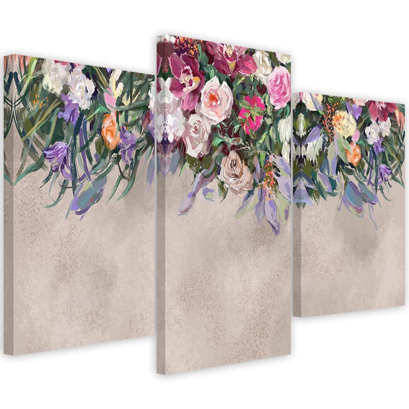 Stampa su tela 3 pezzi, fiori ricoperti di vegetazione