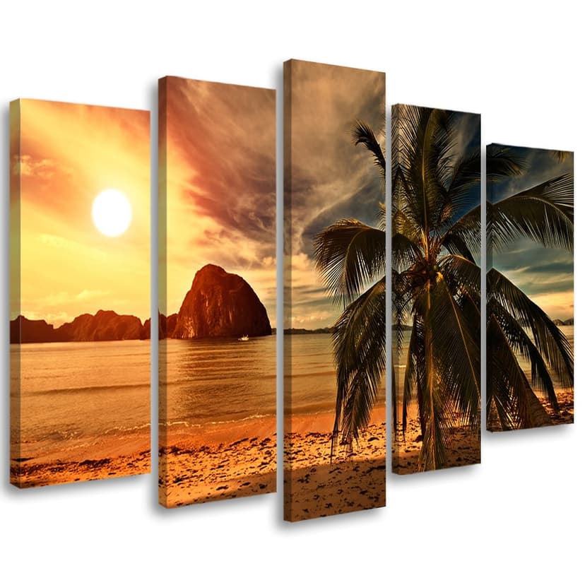 Stampa su tela 5 pezzi Palme Tramonto arancione