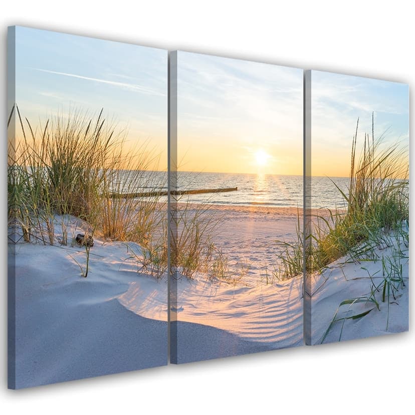 Stampa su tela 3 pezzi, spiaggia mare dune tramonto