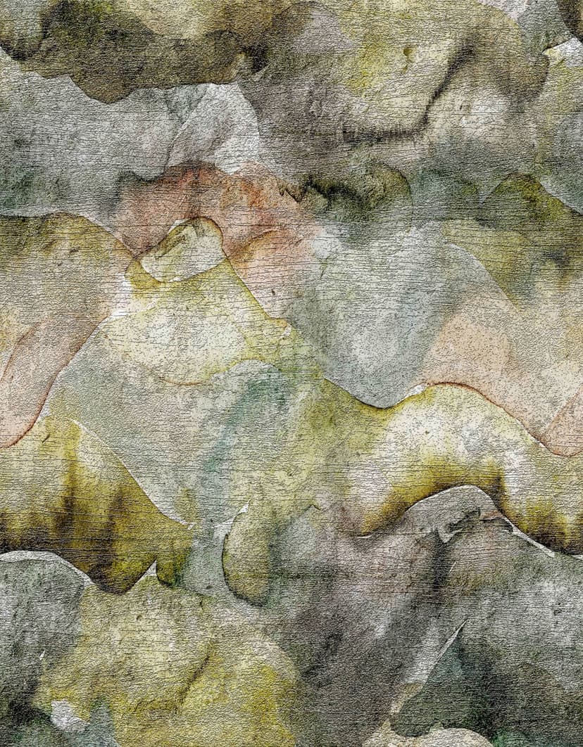 Fotomurale con paesaggio montano acquerellato in verde muschio e grigio blu con patina 3,4 x 2,65 m