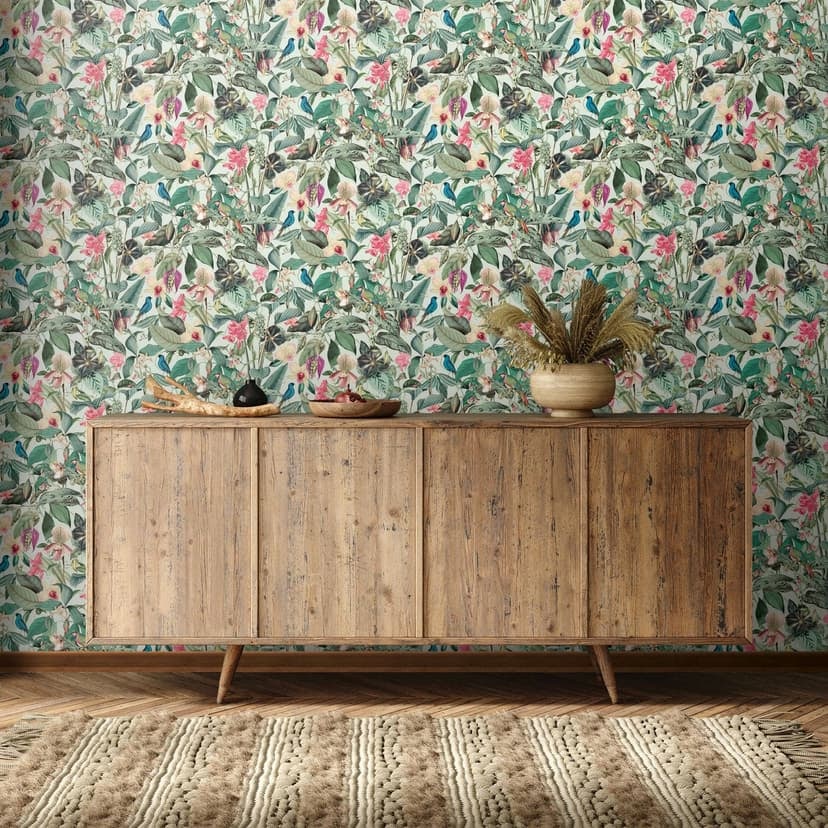 Carta da parati in tessuto non tessuto con foglie verdi fiori natura floreale