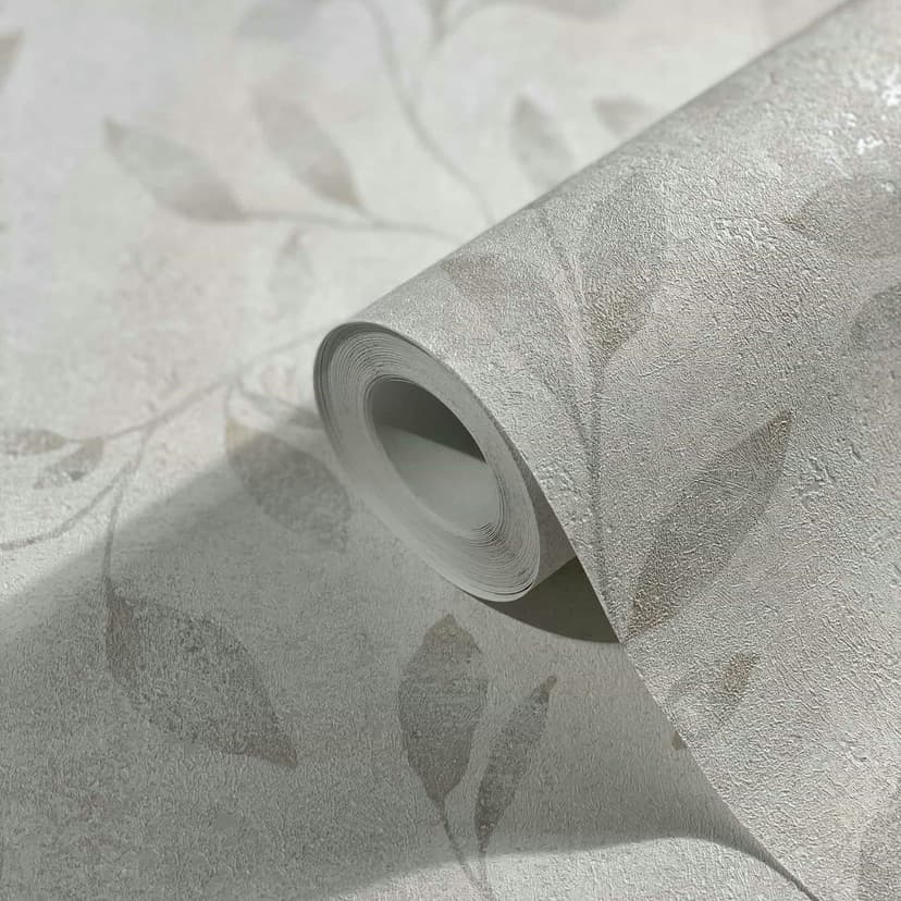 Carta da parati in tessuto non tessuto con motivo a foglie ed effetto metallico, motivo floreale bianco