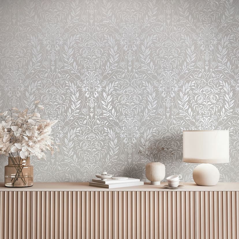 Carta da parati in tessuto non tessuto Ornamento floreale Natura in grigio beige