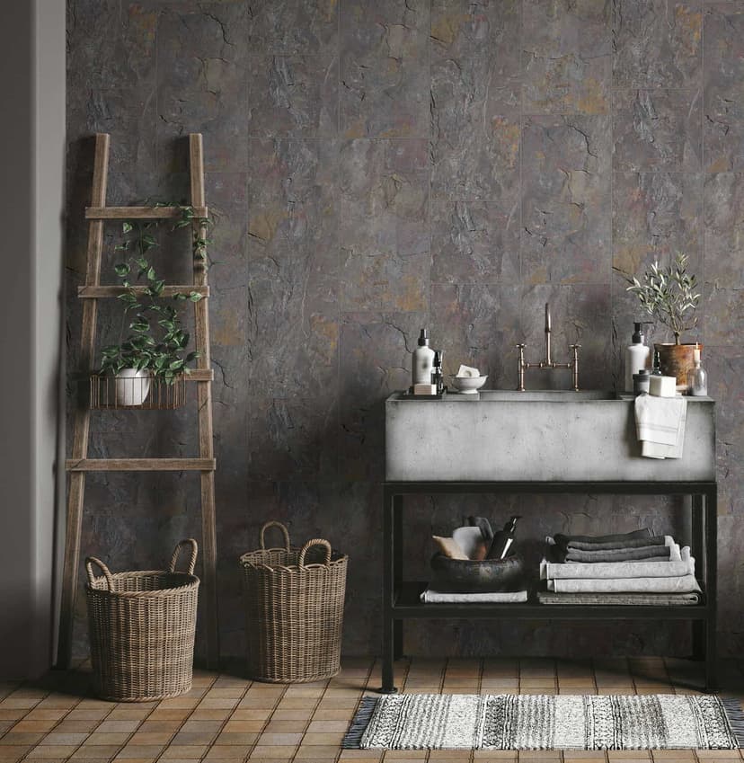 carta da parati in tessuto non tessuto effetto piastrelle shabby chic grigio