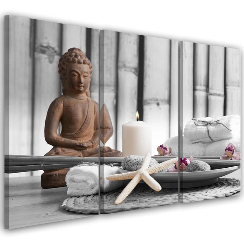 Stampa su tela 3 pezzi, Buddha Zen Spa grigio