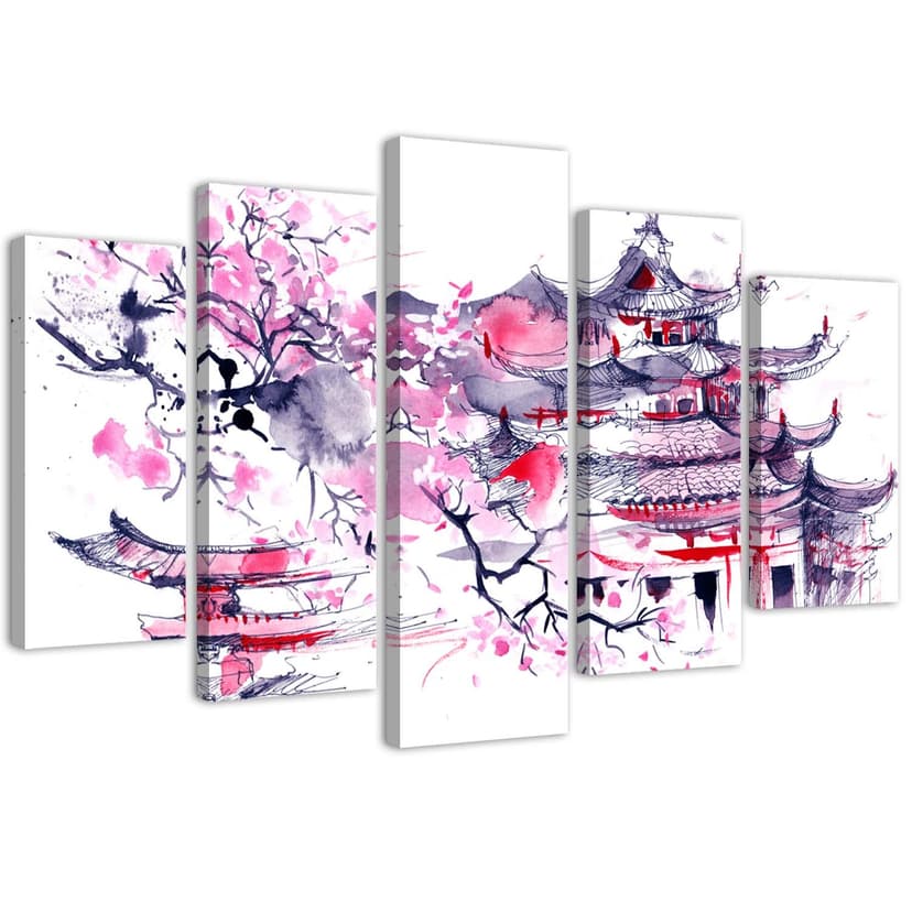 Stampa su tela 5 pezzi, paesaggio rosa giapponese