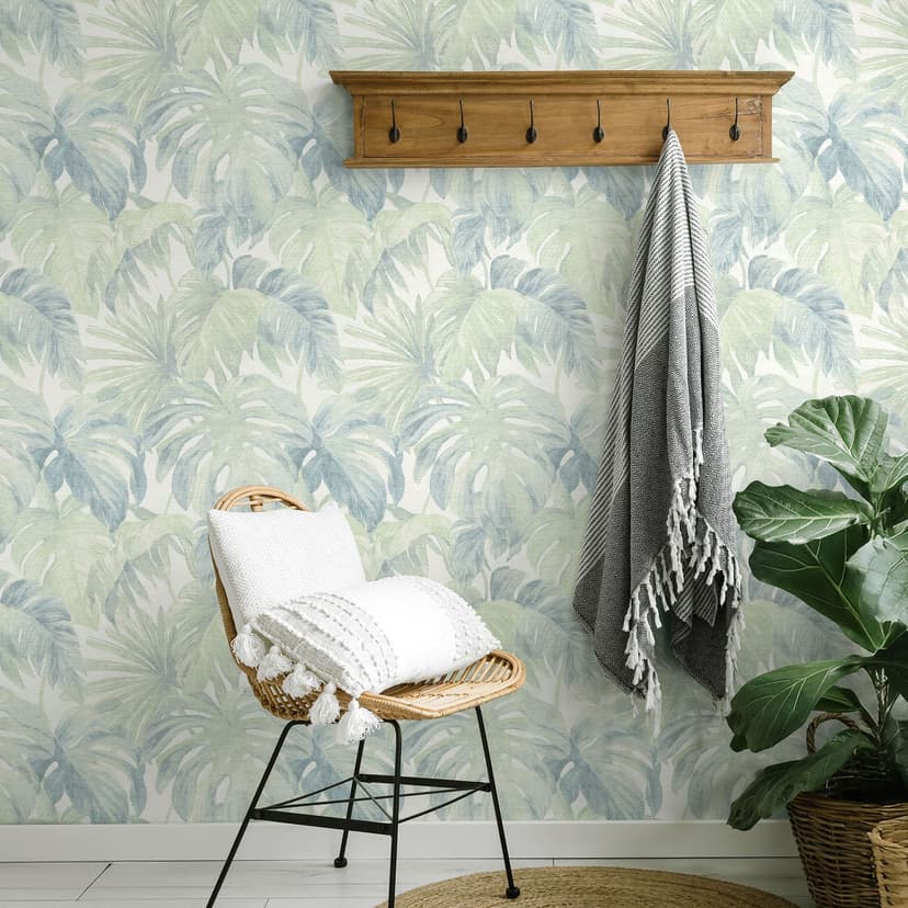 Carta da parati in tessuto non tessuto foglie in verde blu tropicale sottile moderno botanico