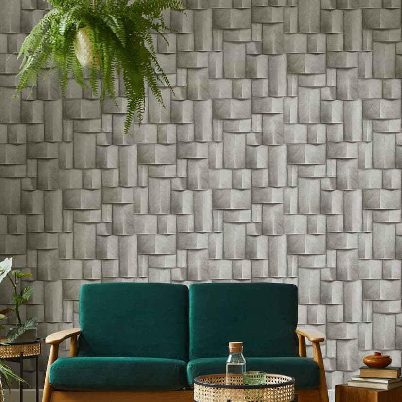 Carta da parati in tessuto non tessuto con motivi in legno geometrici bianchi, marroni aspetto 3D