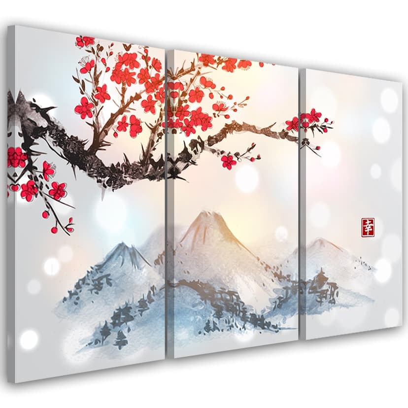 Stampa su tela 3 pezzi, Giappone Cherry Blossom Mountains