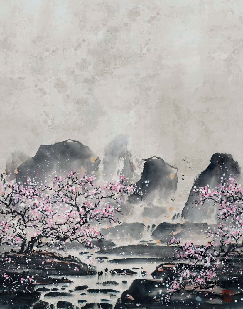 Fotomurale Fiori di ciliegio nella nebbia con montagne nei toni del grigio e del rosa tenue 2,7 x 2,12 m